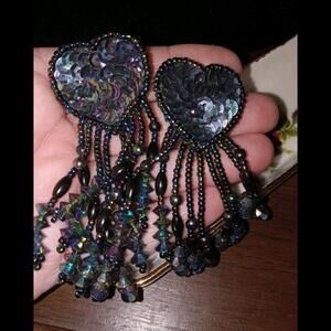 Black On Black Sequins Beaded Hearr Leather Dangle Statement Clip On Earrings